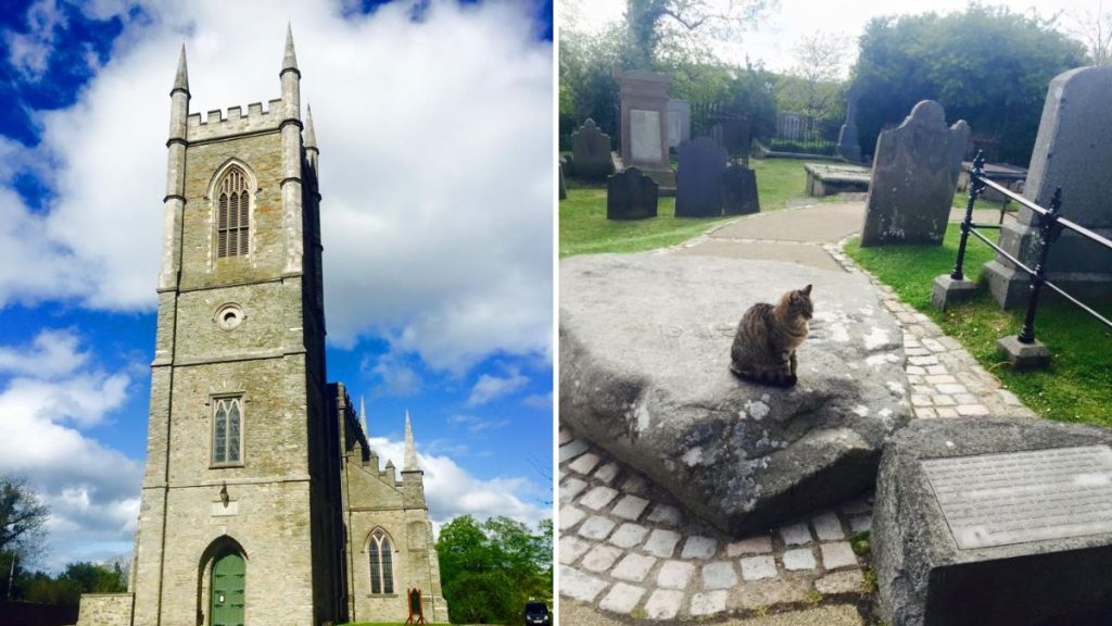 Split image showing Down Cathedral with its tall stone tower under a bright blue sky on the left, and a cat sitting atop the large boulder marking Saint Patrick’s grave in the cathedral’s graveyard on the right, surrounded by historic headstones.