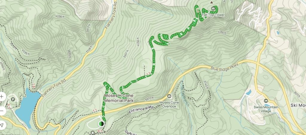The trail map and location for Flat Top Mountain Trail in Blowing Rock, North Carolina.