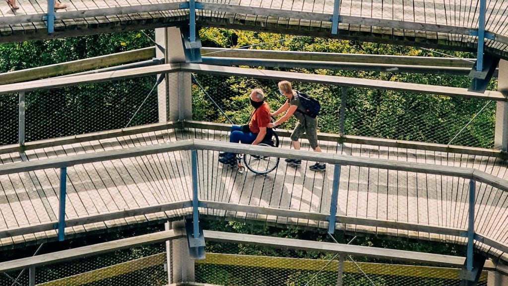 From above of group of tourists admiring greenery woods from old spiral observation tower.