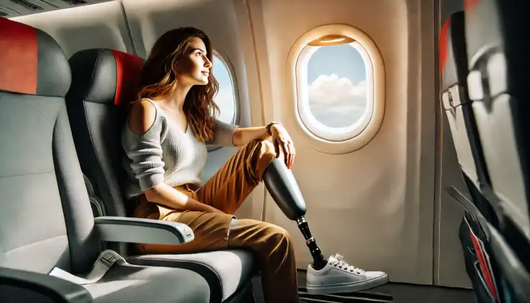 A below the knee amputee woman staring out the window of a plane while flying.