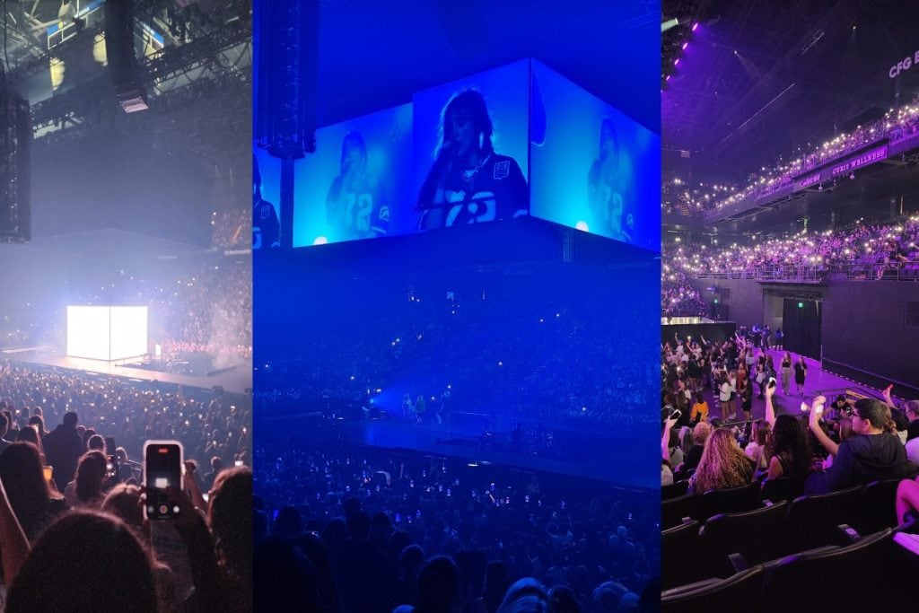 A collage of scenes from a Billie Eilish concert in Baltimore, MD, showing the stage illuminated by bright screens, Billie Eilish performing with her image projected on large screens, and an energetic crowd waving phone lights in a vibrant arena.