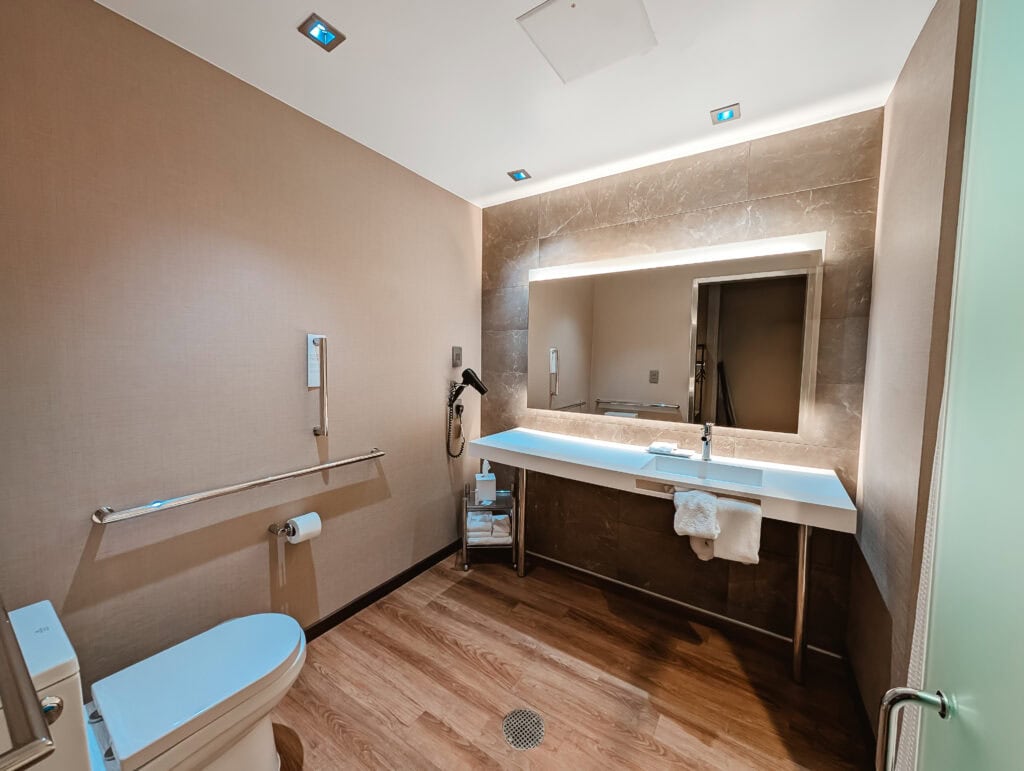 Spacious and modern accessible bathroom at AC Hotel Downtown Huntsville with wood-style flooring, wide vanity mirror, under-sink clearance, and handrails near the toilet.