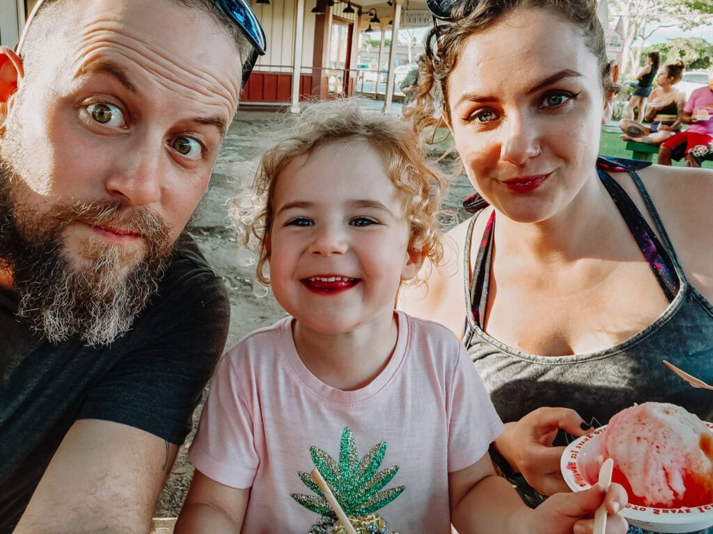 Family selfie enjoying shave ice