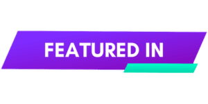 A modern, angular purple and teal banner with bold white text that reads “Featured In.” This graphic is commonly used to highlight press mentions, media features, or brand collaborations.