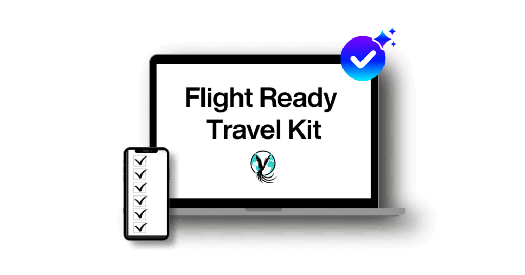 Laptop mockup displaying “Flight Ready Travel Kit” digital product by Phoenyx Travels with a checklist icon and verified badge.