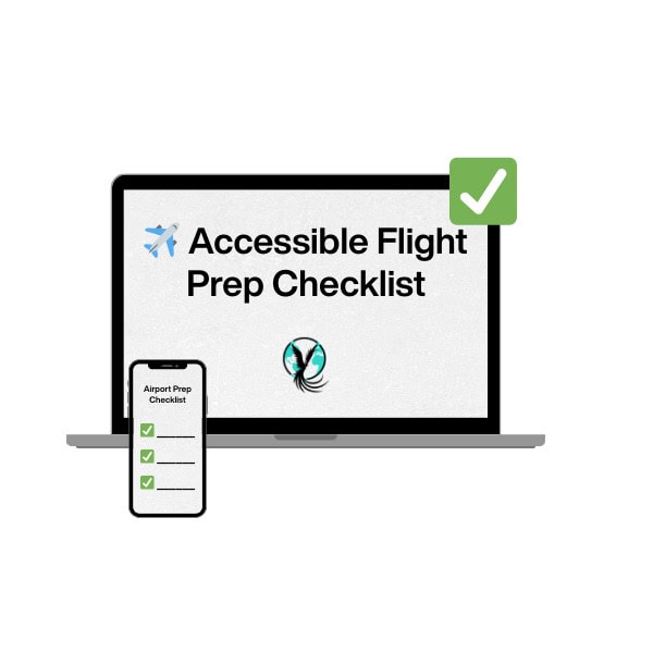 Laptop and smartphone graphic displaying an Accessible Flight Prep Checklist digital download for disabled travelers, designed to help plan accessible air travel and airport assistance.